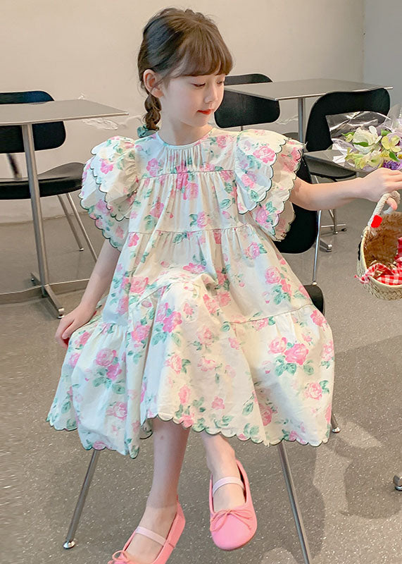 Boutique Apricot Print Patchwork Cotton Kids Girls Dresses Butterfly Sleeve