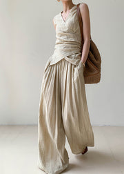 Boutique Apricot V Neck Wrinkled Linen Vest And Wide Leg Pants Two Pieces Set Summer