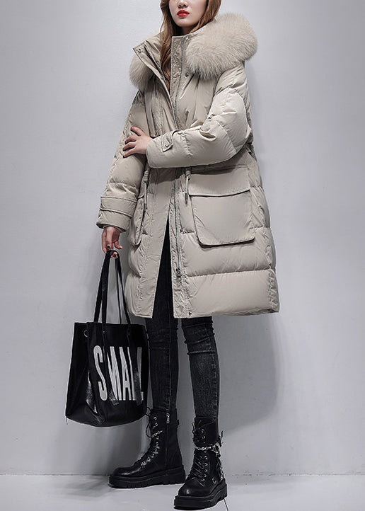 Boutique Beige Fur Collar Hooded Drawstring Duck Down Coat Winter