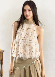 Boutique Beige Halter Cold Shoulder Sequins Tassel Tops Sleeveless