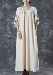 Boutique Beige O-Neck Oversized Cotton Maxi Dresses Puff Sleeve