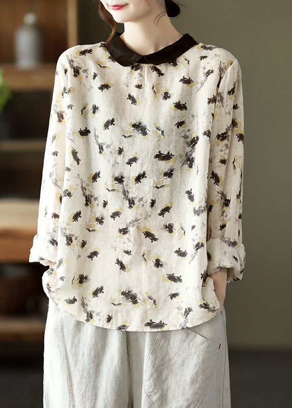 Boutique Beige Peter Pan Collar Ramie Shirt Spring