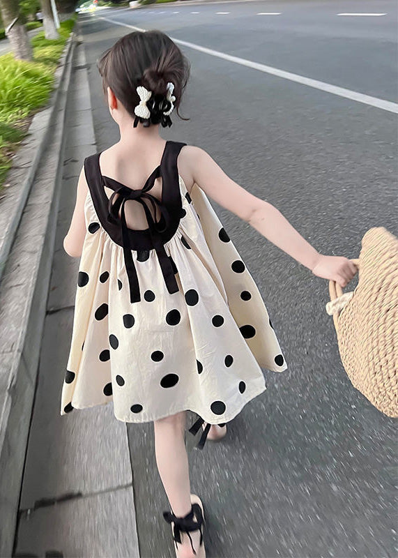 Boutique Beige Print Wrinkled Cotton Kids Spaghetti Strap Mid Dress Summer