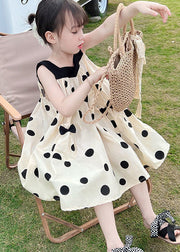 Boutique Beige Print Wrinkled Cotton Kids Spaghetti Strap Mid Dress Summer