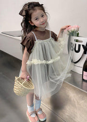 Boutique Beige Ruffled Patchwork Tulle Baby Girls Dresses Two Pieces Set Summer