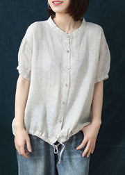 Boutique Beige Stand Collar Patchwork Linen Blouses Summer