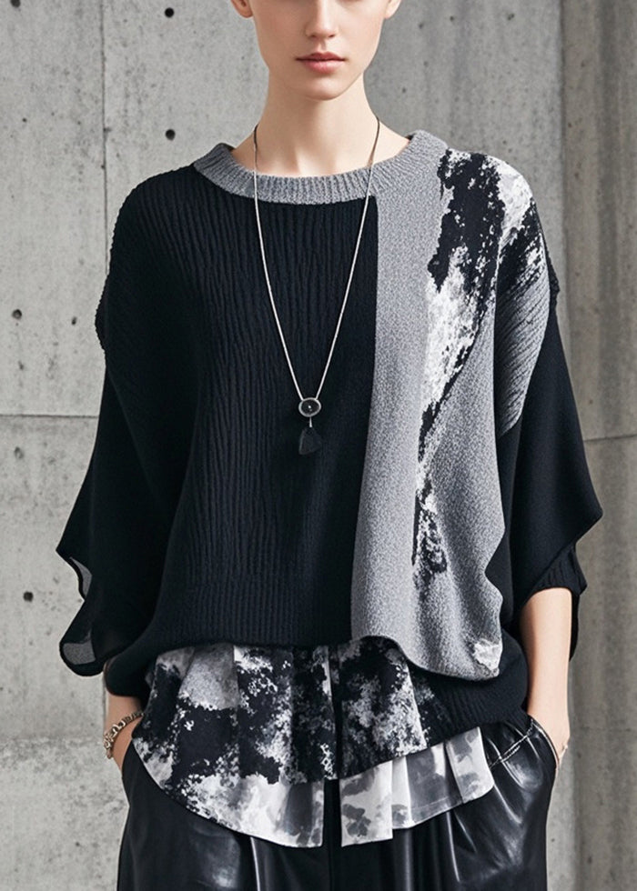 Boutique Black Asymmetrical Patchwork Knit Pullover Fall