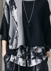 Boutique Black Asymmetrical Patchwork Knit Pullover Fall