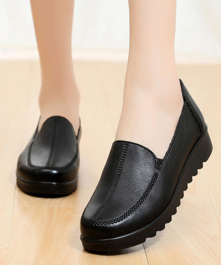 Boutique Black Cowhide Leather Splicing Flats Shoes