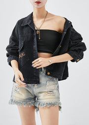 Boutique Black Embroidered Letter Butterfly Denim Jacket Fall