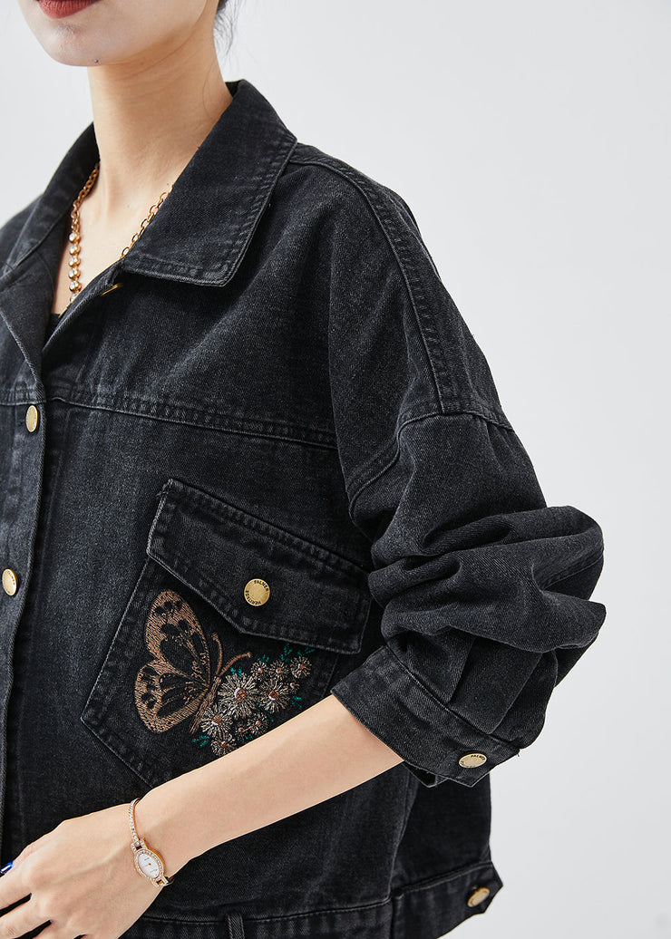 Boutique Black Embroidered Letter Butterfly Denim Jacket Fall