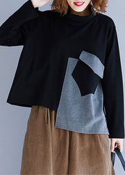 Boutique Black High Neck Asymmetrical Design Cotton Pullover Sweatshirt Spring