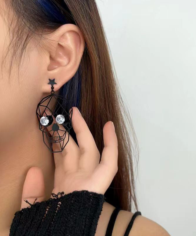 Boutique Black Metal Zircon Human Skeleton Hollowing Out Drop Earrings