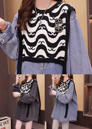 Boutique Black O-Neck Oversized Knit Patchwork Cotton Denim Shirts Spring