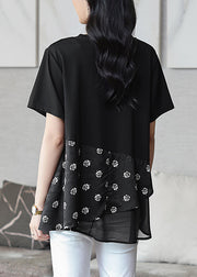 Boutique Black O Neck Print Patchwork Cotton Top Summer