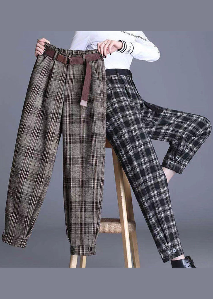 Boutique Black Plaid Pockets High Waist Woolen Pants Spring