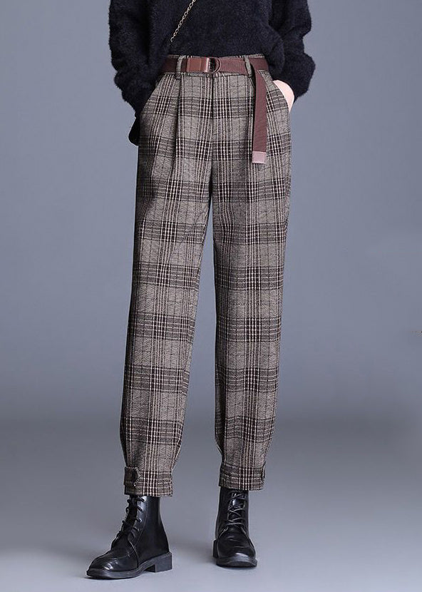 Boutique Black Plaid Pockets High Waist Woolen Pants Spring