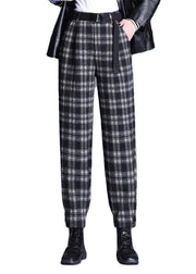 Boutique Black Plaid Pockets High Waist Woolen Pants Spring