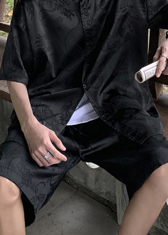 Boutique Black Pockets Print Ice Silk Men Beach Shorts Summer