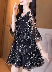 Boutique Black Ruffled Embroideried Patchwork Tulle Dresses Fall