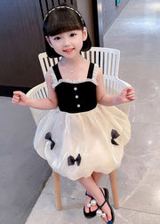 Boutique Black Square Collar Lace Patchwork Bow Silk Girls Vacation Slip Mid Dress Summer