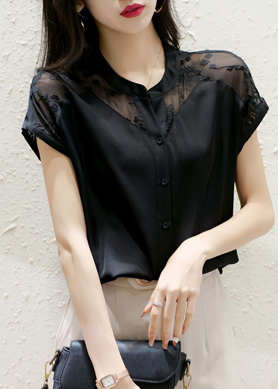 Boutique Black Stand Collar Embroideried Patchwork Silk Top Summer