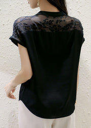 Boutique Black Stand Collar Embroideried Patchwork Silk Top Summer