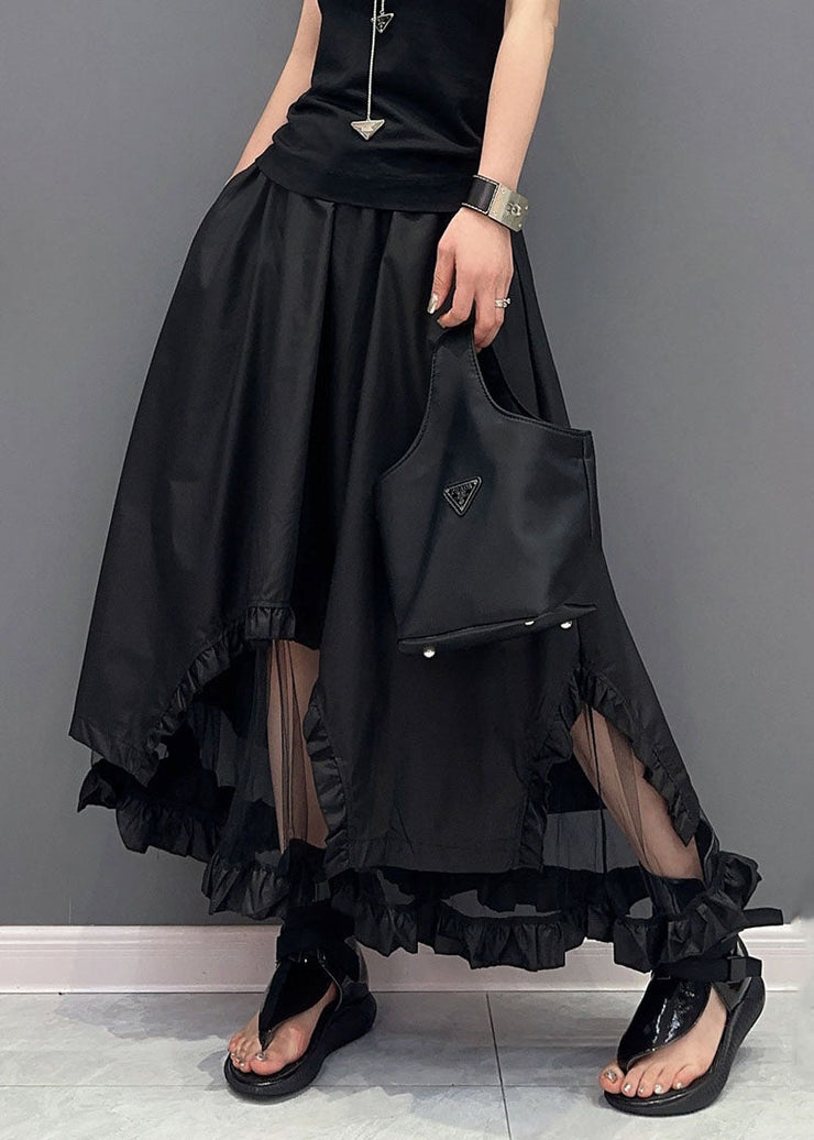 Boutique Black Tulle Ruffled Pockets Patchwork Cotton Skirts Summer