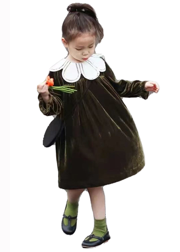 Boutique Blackish Green Wrinkled Patchwork Velour Baby Girls Dress Fall