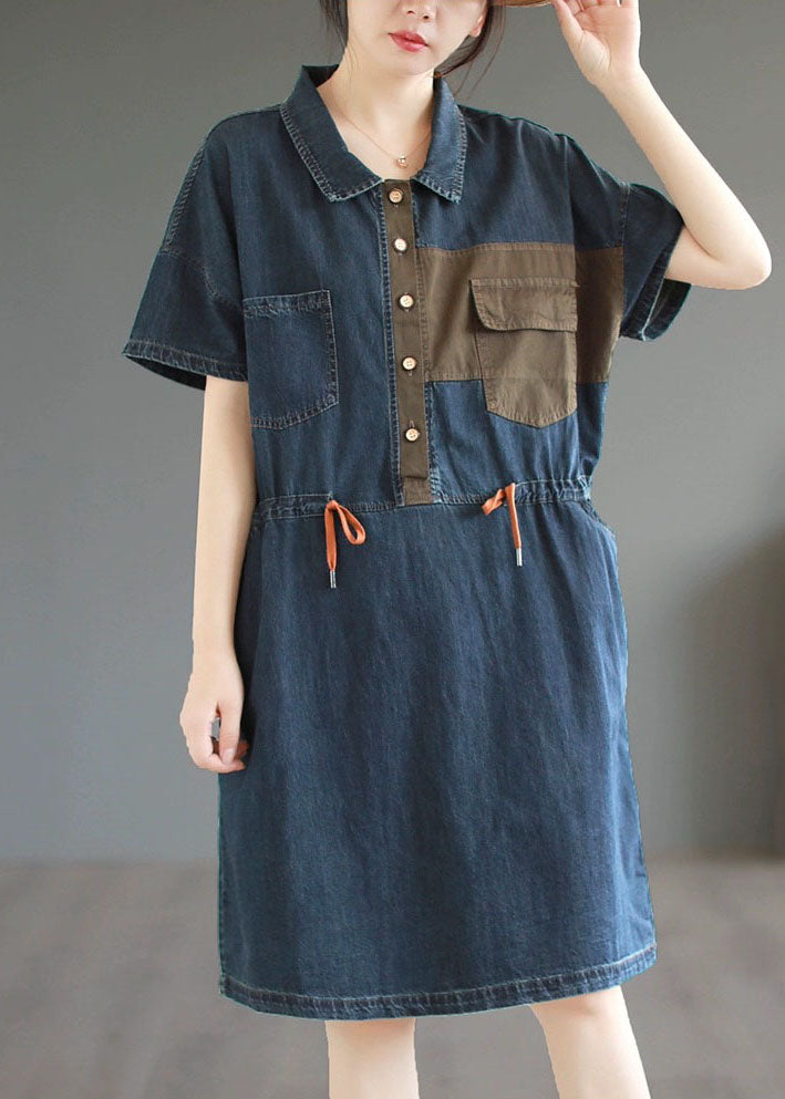 Boutique Blue Button Drawstring Pockets Patchwork Denim Mid Dress Summer