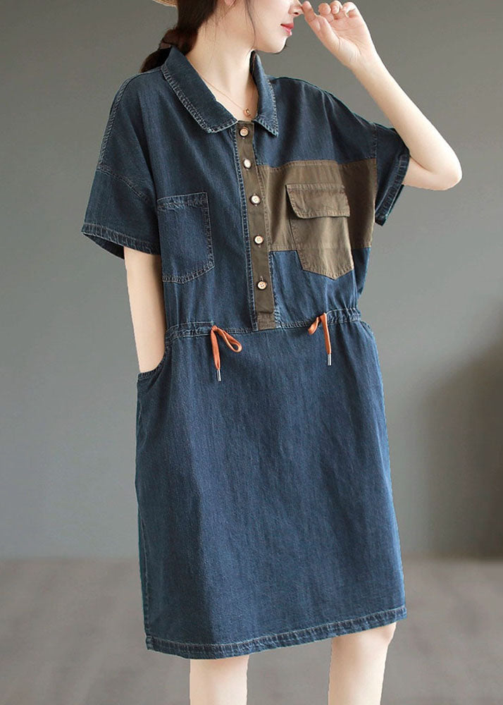 Boutique Blue Button Drawstring Pockets Patchwork Denim Mid Dress Summer