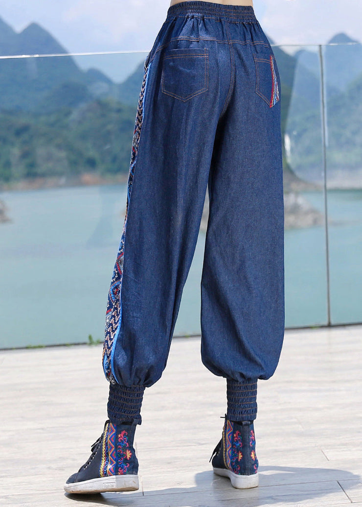 Boutique Blue Embroideried Elastic Waist Cotton Denim Harem Pants Spring