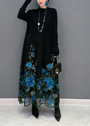 Boutique Blue Embroideried Patchwork Knit Maxi Dress Spring