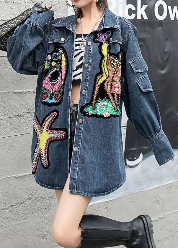 Boutique Blue Embroideried Zircon Nail Bead Patchwork Denim Coat Spring