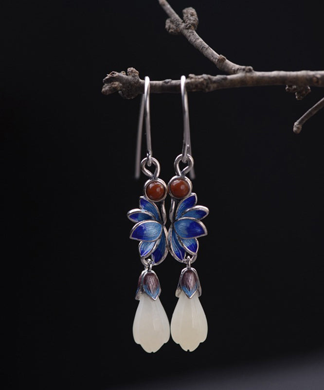 Boutique Blue Lotus Floral Silver Jade Drop Earrings