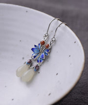 Boutique Blue Lotus Floral Silver Jade Drop Earrings