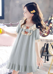 Boutique Blue O-Neck Striped Bow Patchwork Cotton Girls Long Dress Summer