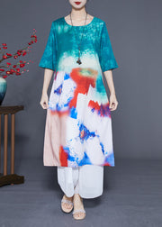 Boutique Blue O-Neck Tie Dye Silk Long Dress Half Sleeve