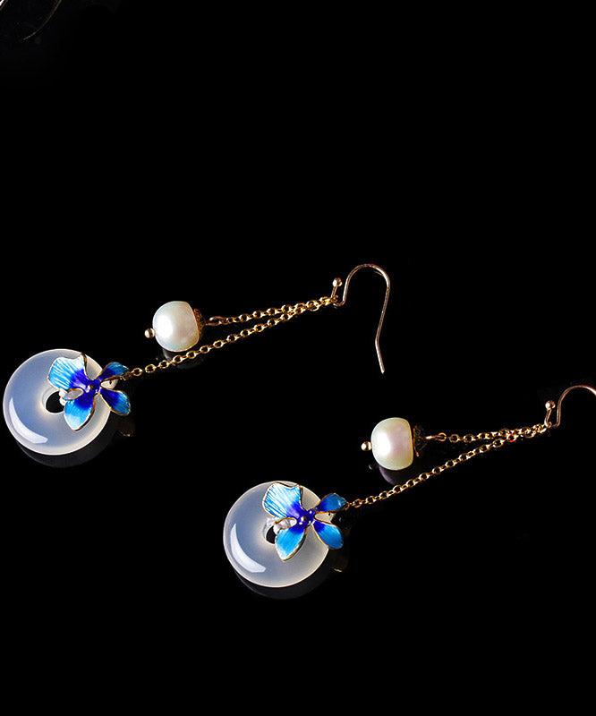 Boutique Blue Overgild Cloisonne Pearl Agate Drop Earrings