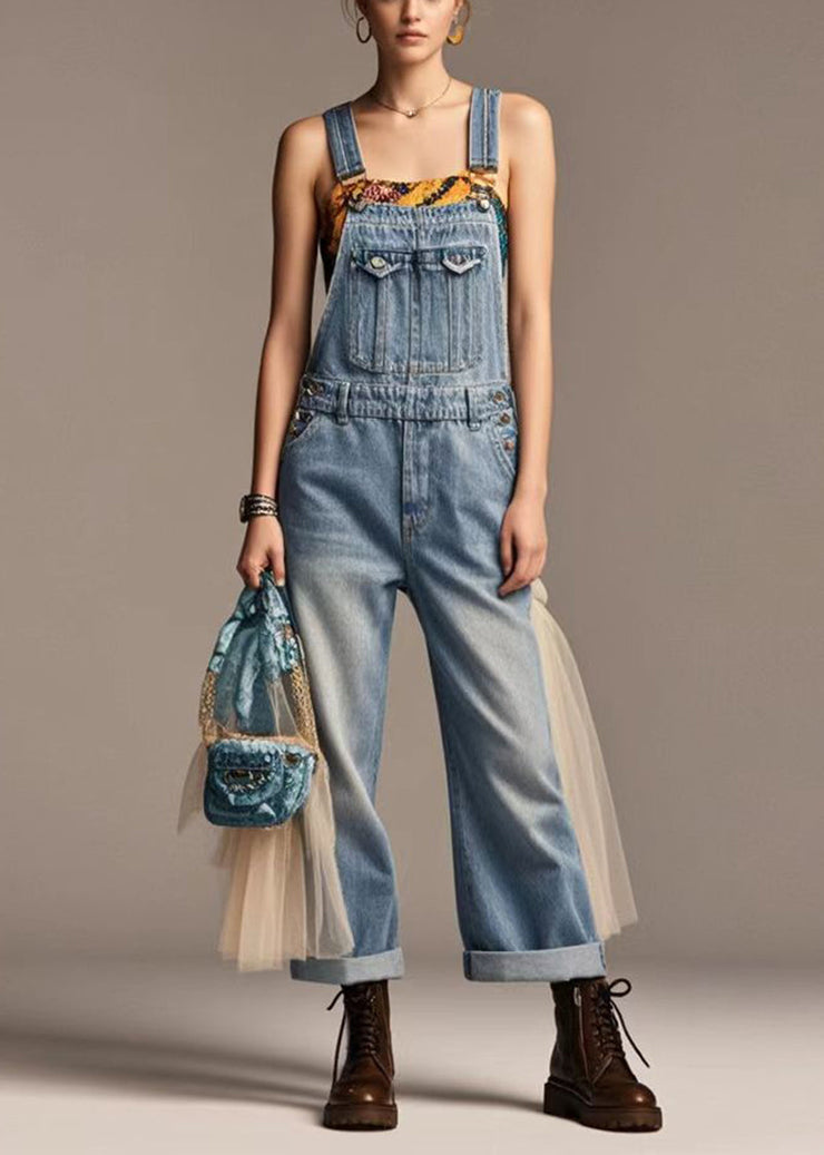 Boutique Blue Oversized Patchwork Tulle Denim Jumpsuit Summer