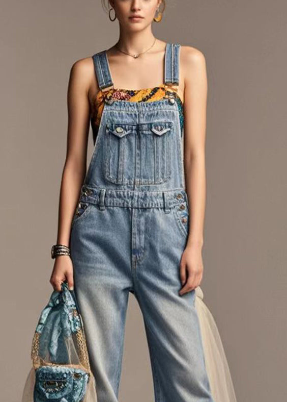 Boutique Blue Oversized Patchwork Tulle Denim Jumpsuit Summer