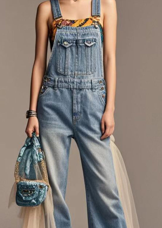 Boutique Blue Oversized Patchwork Tulle Denim Jumpsuit Summer