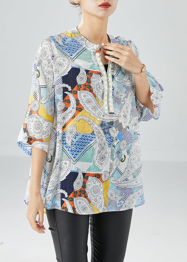 Boutique Blue Oversized Print Cotton Top Summer