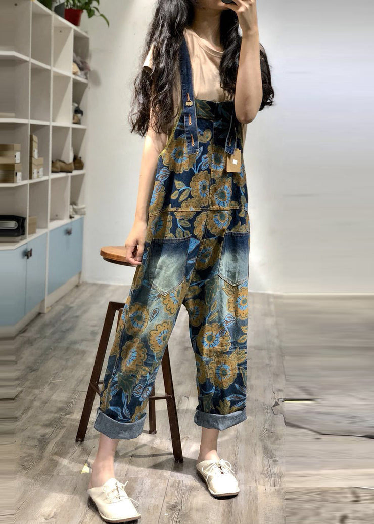 Boutique Blue Oversized Print Denim Overalls Jumpsuit Spring