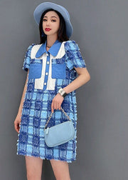 Boutique Blue Peter Pan Collar Button Plaid Cotton Mini Dresses Short Sleeve