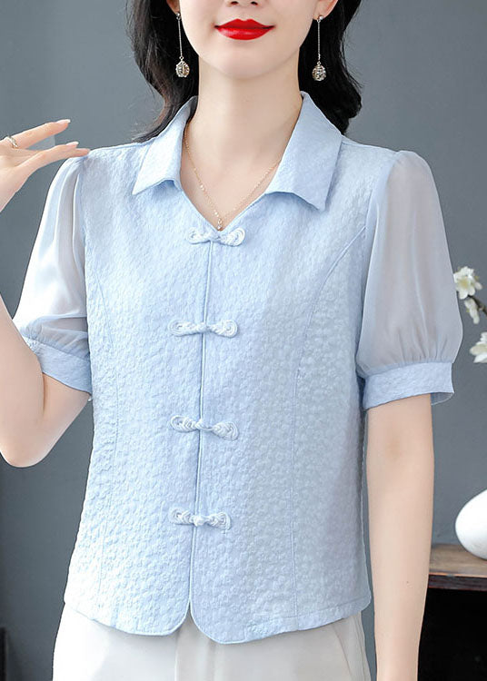 Boutique Blue Peter Pan Collar Chinese Button Cotton Tops Summer