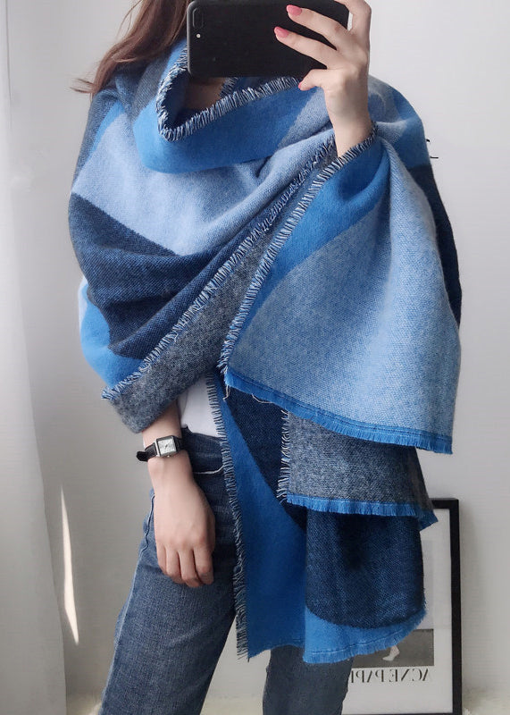 Boutique Blue Plaid Tasseled Autumn Winter Faux Cashmere Shawl