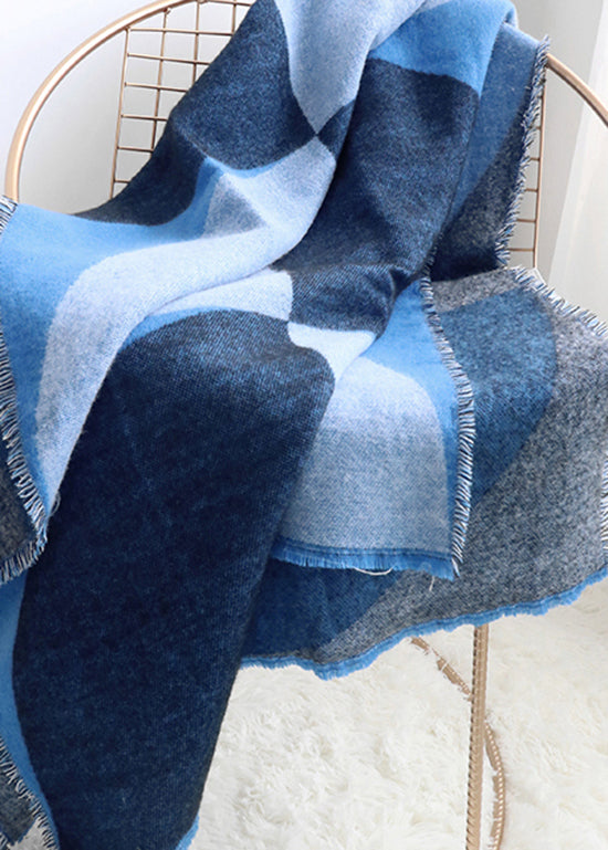 Boutique Blue Plaid Tasseled Autumn Winter Faux Cashmere Shawl