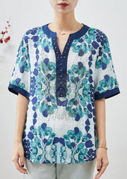 Boutique Blue Print Rivet Chiffon Blouse Top Summer