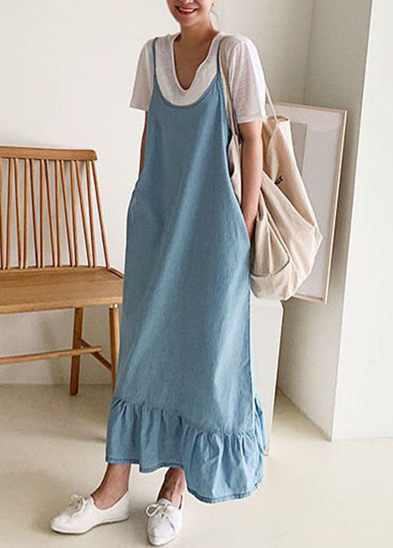 Boutique Blue Ruffled Patchwork Denim Spaghetti Strap Dress Summer